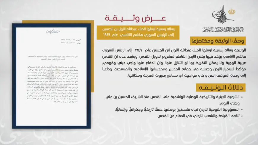 التوثيق الملكي يعرض وثيقة تاريخية حول موقف الأردن الراسخ تجاه فلسطين