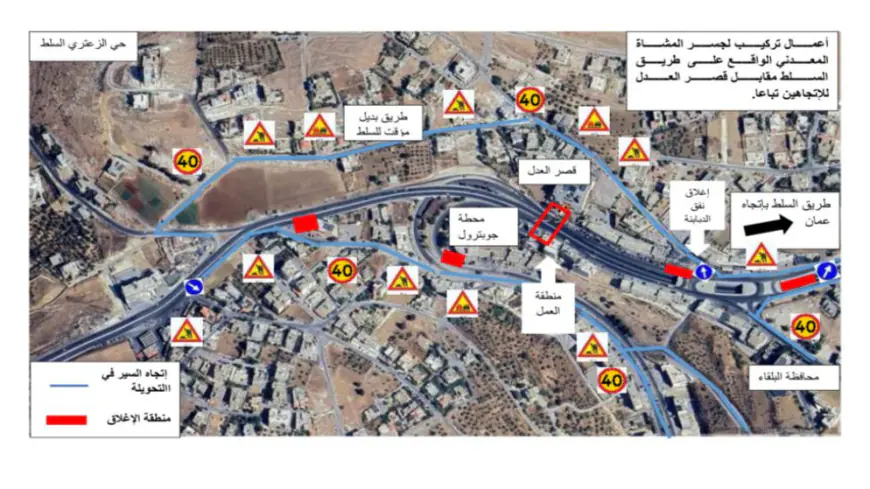 إغلاق مؤقت لطريق عمان-السلط لتركيب جسر مشاة معدني